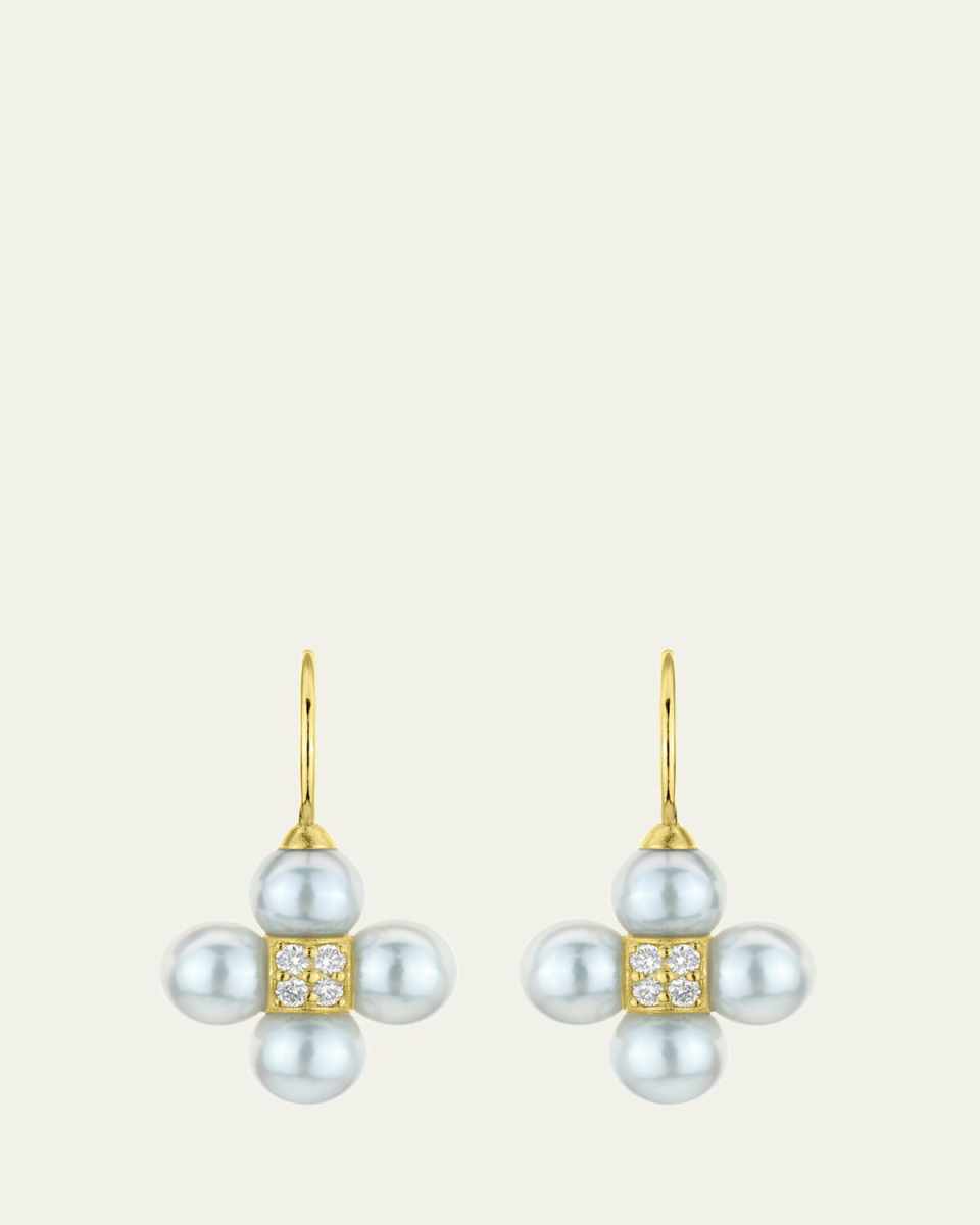 18K Yellow Gold Diamond and 6mm Pearl Sequence Wire Earrings